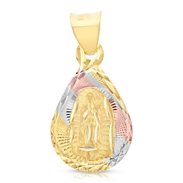 14K Gold Diamond Cut Guadalupe Stamp Charm Pendant with 0.9mm Wheat Chain Necklace