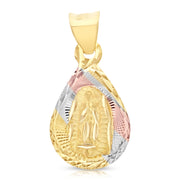 14K Gold Guadalupe Stamp Pendant with 2mm Hollow Cuban Bevel Chain