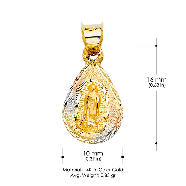 14K Gold Diamond Cut Guadalupe Stamp Religious Charm Pendant with 0.8mm Box Chain Necklace