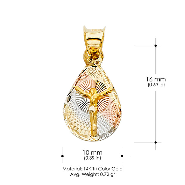 14K Gold Diamond Cut Jesus Crucifix Stamp Charm Pendant with 0.9mm Wheat Chain Necklace