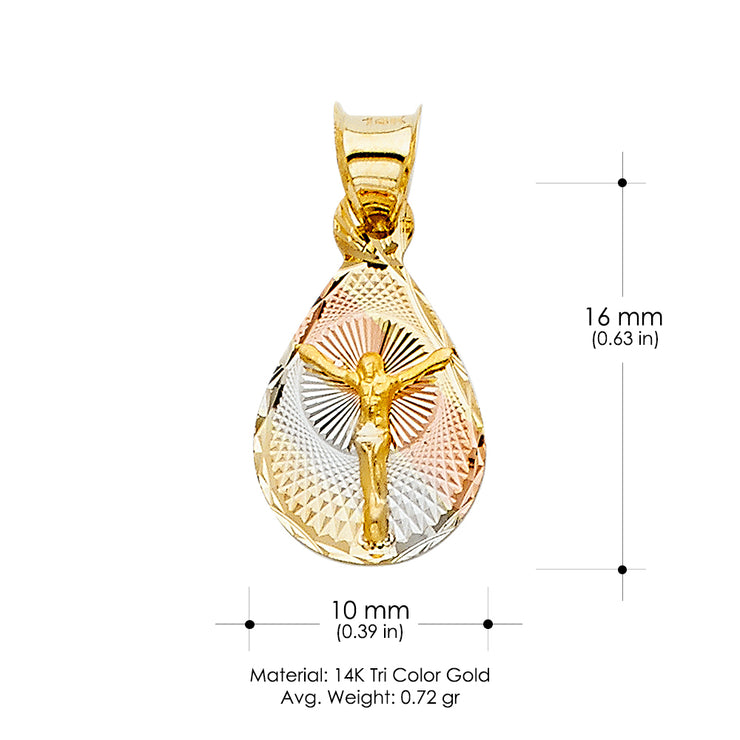 14K Gold Diamond Cut Jesus Crucifix Stamp Religious Charm Pendant with 0.8mm Box Chain Necklace