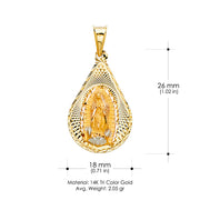 14K Gold Diamond Cut Guadalupe Stamp Religious Charm Pendant with 1.2mm Box Chain Necklace