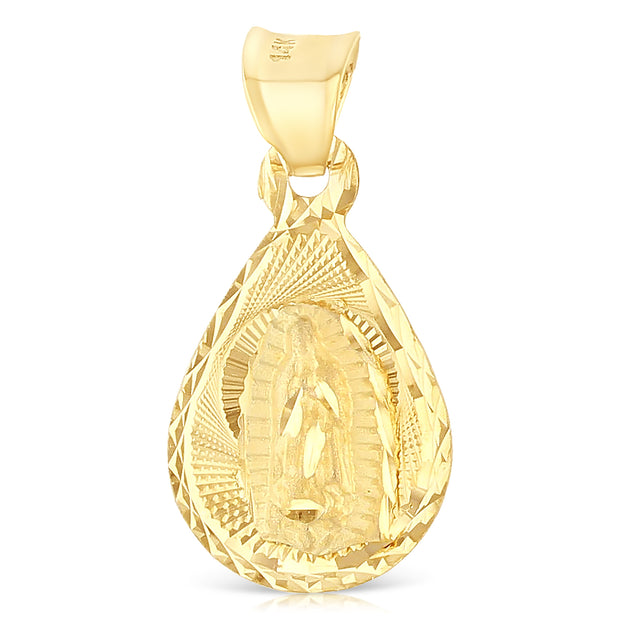 14K Gold Diamond Cut Guadalupe Stamp Religious Charm Pendant with 0.8mm Box Chain Necklace