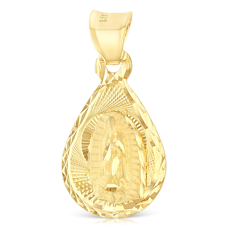 14K Gold Diamond Cut Guadalupe Stamp Religious Charm Pendant with 0.8mm Box Chain Necklace