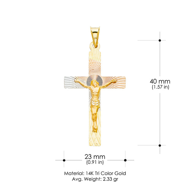 14K Gold Diamond Cut Crucifix Jesus Cross Stamp Charm Pendant with 1.4mm Round Wheat Chain Necklace