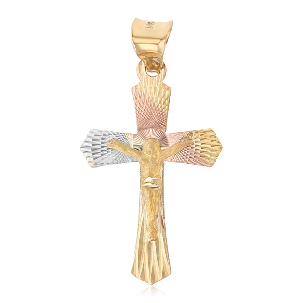 14K Gold Crucifix Jesus Cross Stamp Pendant with 2.3mm Hollow Cuban Chain