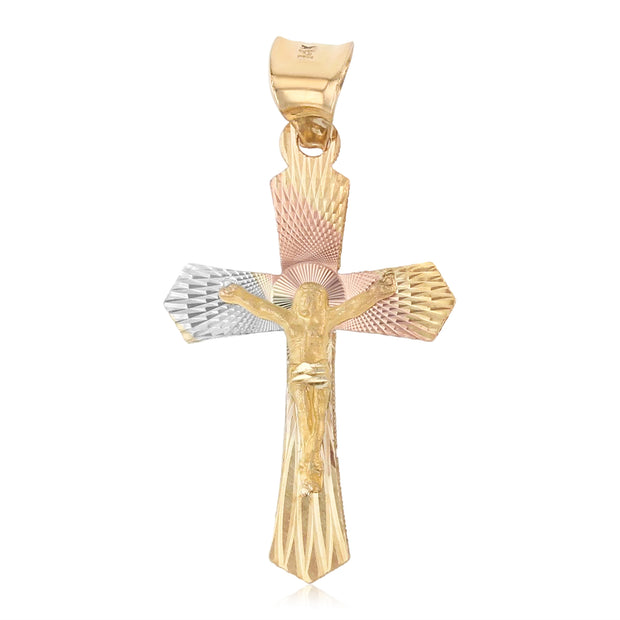 14K Gold Diamond Cut Crucifix Jesus Cross Stamp Charm Pendant with 0.9mm Wheat Chain Necklace