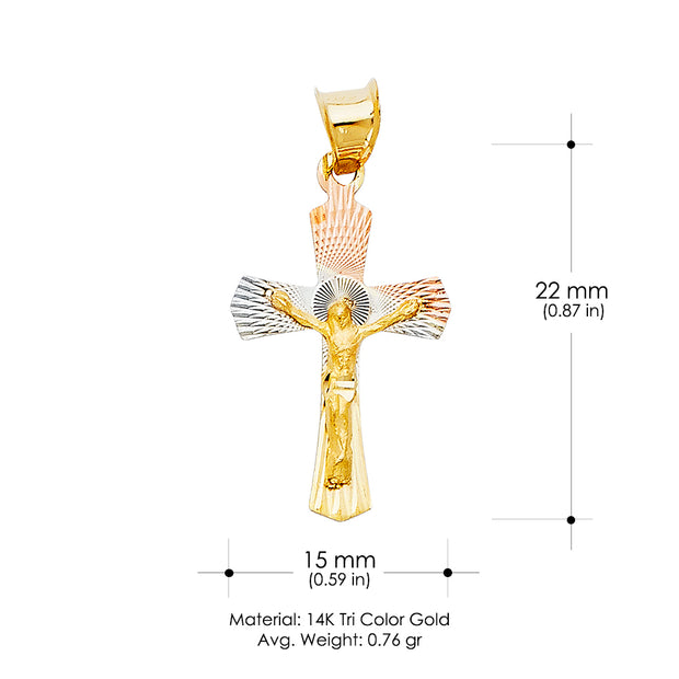 14K Gold Diamond Cut Crucifix Jesus Cross Stamp Charm Pendant with 0.9mm Wheat Chain Necklace