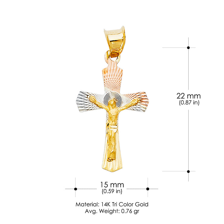 14K Gold Diamond Cut Crucifix Jesus Cross Stamp Charm Pendant with 0.9mm Wheat Chain Necklace