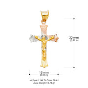 14K Gold Diamond Cut Crucifix Jesus Cross Stamp Charm Pendant with 0.9mm Wheat Chain Necklace