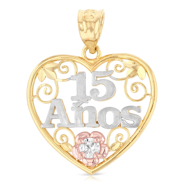 14K Gold Quinceanera Heart Pendant with 2.3mm Hollow Cuban Chain