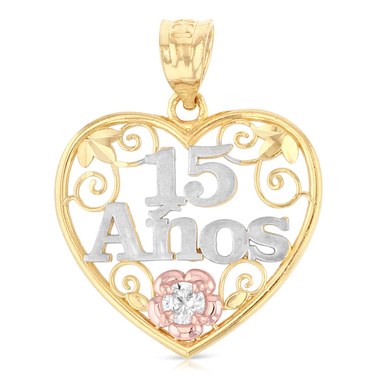 14K Gold Quinceanera Heart Pendant with 2.3mm Hollow Cuban Chain