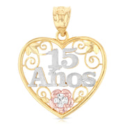 14K Gold Quinceanera Heart Pendant with 2.3mm Figaro 3+1 Chain