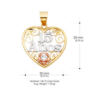 14K Gold Sweet 15 Years Quinceanera Heart Charm Pendant with 1.2mm Box Chain Necklace
