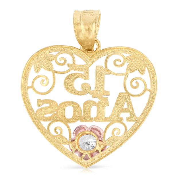 14K Gold Quinceanera Heart Pendant with 2.3mm Hollow Cuban Chain