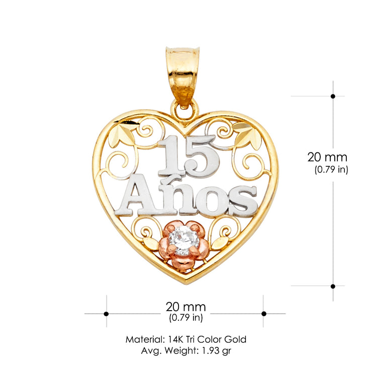 14K Gold Quinceanera Heart Pendant with 2.6mm Valentino Star Chain