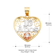 14K Gold Quinceanera Heart Pendant with 2.3mm Figaro 3+1 Chain