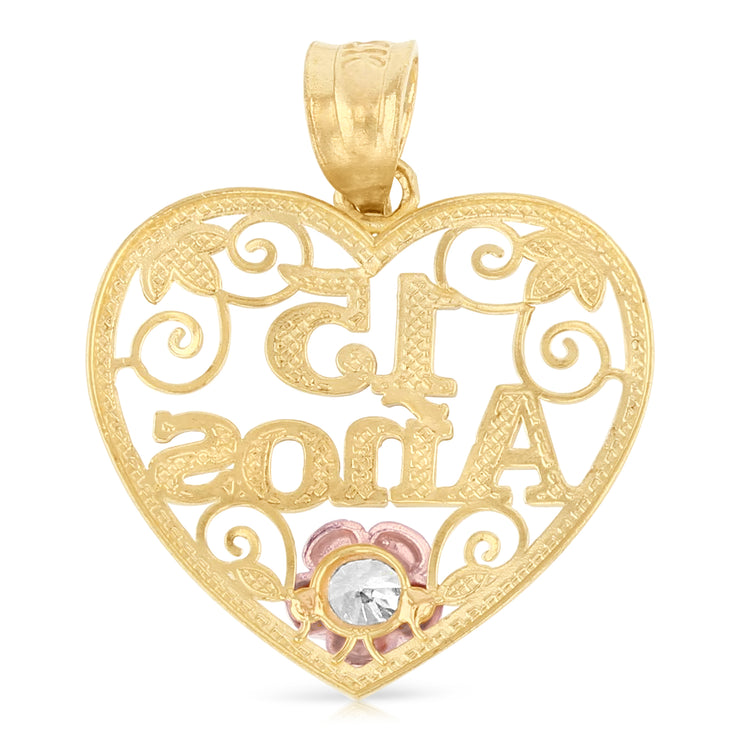 14K Gold Quinceanera Heart Pendant with 2.3mm Figaro 3+1 Chain