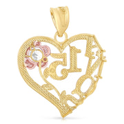 14K Gold Quinceanera Heart Pendant with 2.3mm Figaro 3+1 Chain