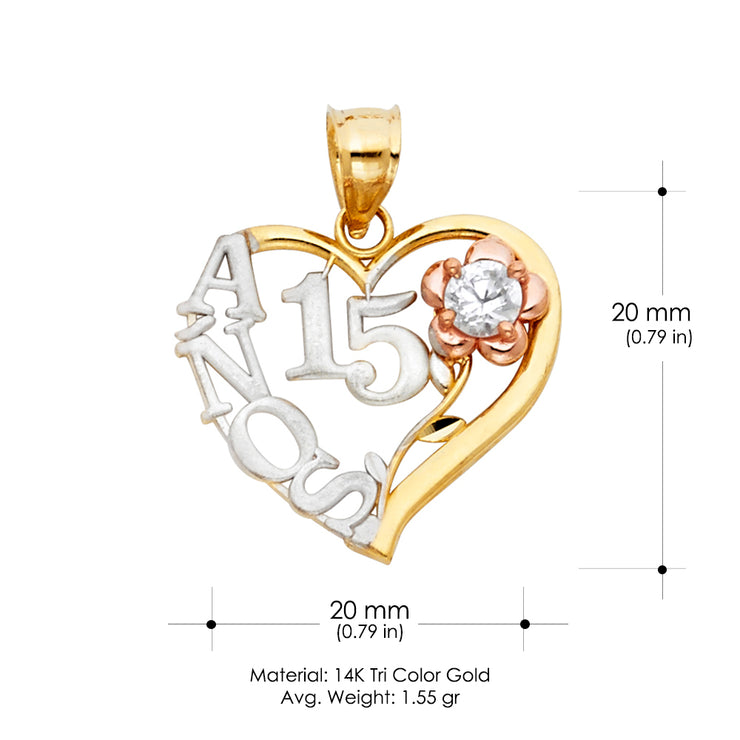 14K Gold Sweet 15 Years Quinceanera Heart Charm Pendant with 1.2mm Box Chain Necklace