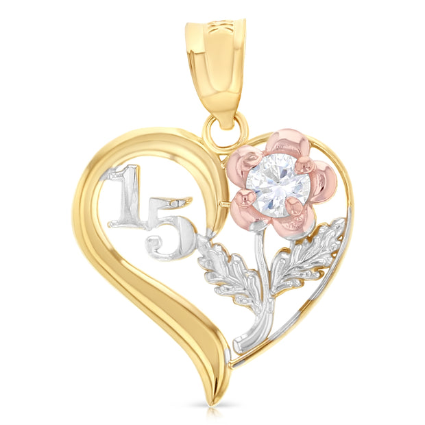 14K Gold Quinceanera Heart Pendant with 2.3mm Hollow Cuban Chain