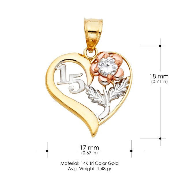 14K Gold Quinceanera Heart Pendant with 2.6mm Valentino Star Chain