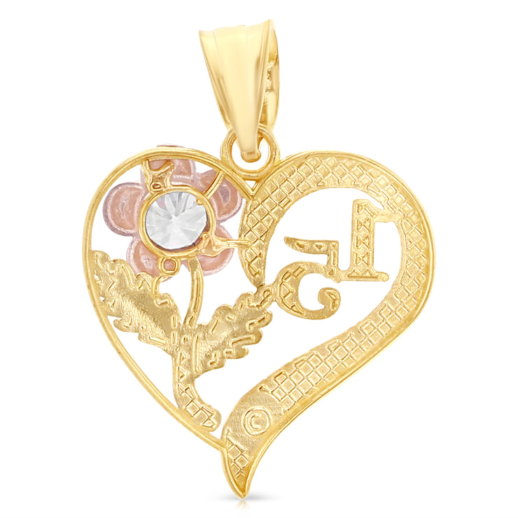 14K Gold Quinceanera Heart Pendant with 2.3mm Hollow Cuban Chain