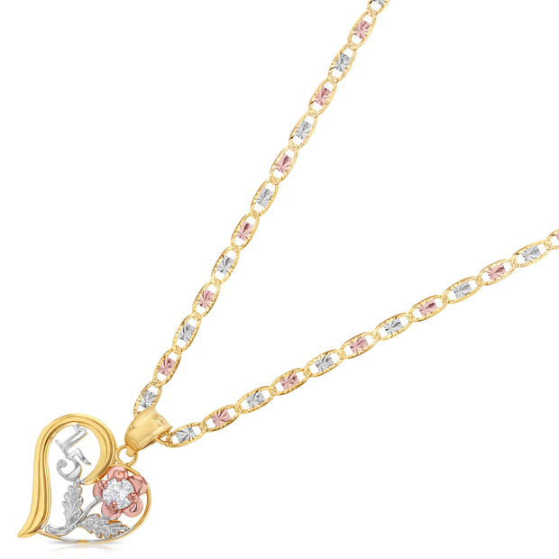 14K Gold Quinceanera Heart Pendant with 2.6mm Valentino Star Chain