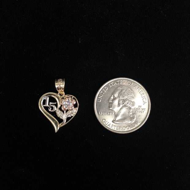 14K Gold Quinceanera Heart Pendant with 2.3mm Hollow Cuban Chain