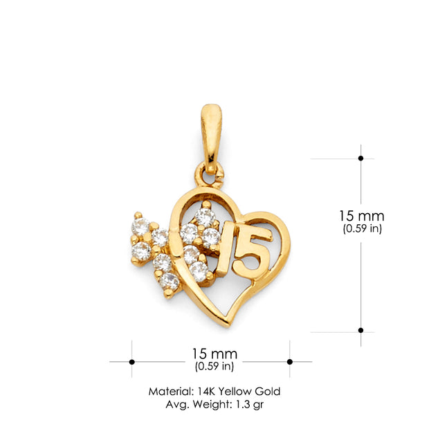 14K Gold Quinceanera Heart CZ Pendant with 2mm Hollow Cuban Bevel Chain