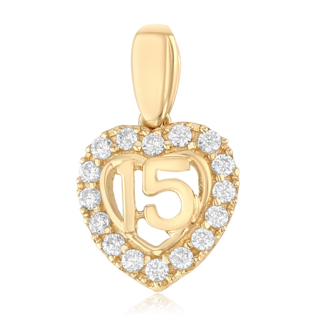 14K Gold Quinceanera Heart CZ Pendant with 2mm Hollow Cuban Bevel Chain