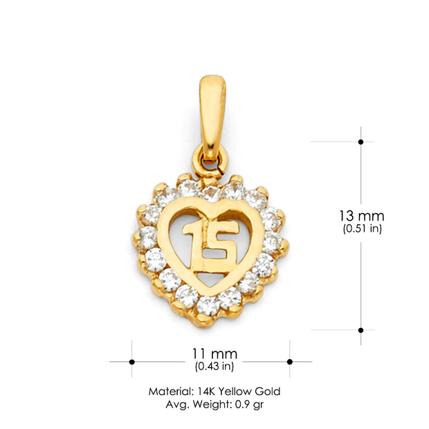 14K Gold Sweet 15 Years Quinceanera Heart CZ Charm Pendant with 0.8mm Box Chain Necklace