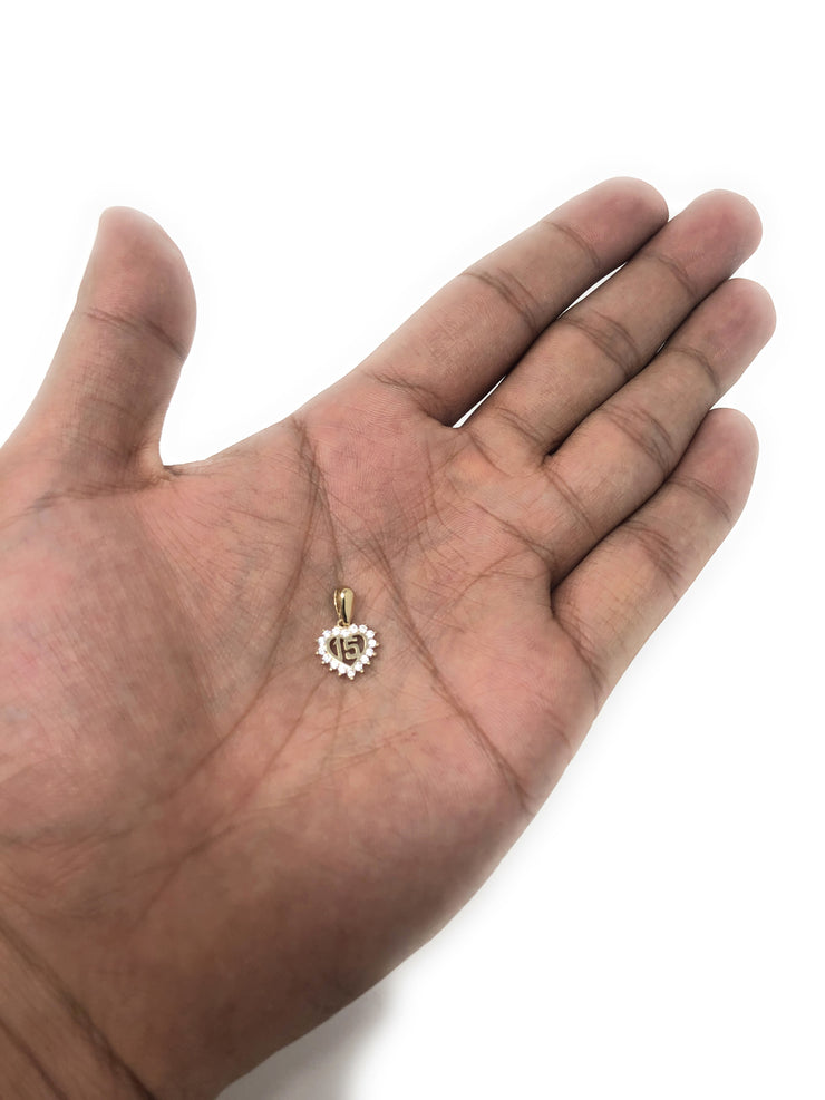 14K Gold 15 Years Birthday Quinceanera Heart CZ Charm Pendant