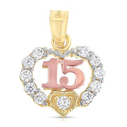 14K Gold Sweet 15 Years Quinceanera Heart CZ Charm Pendant with 0.8mm Box Chain Necklace