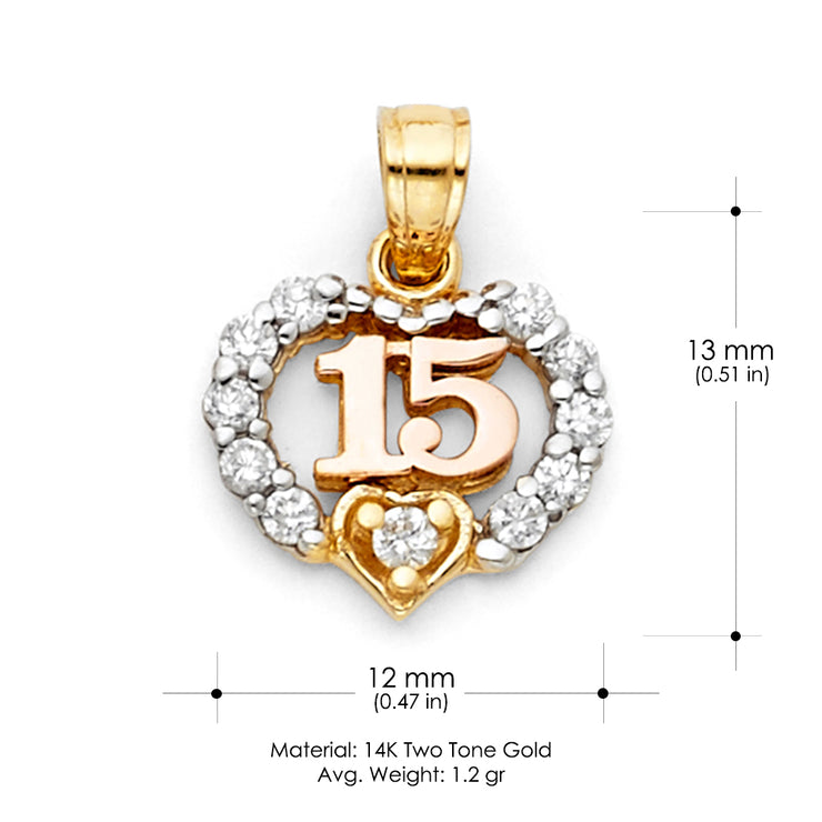 14K Gold 15 Years Birthday Quinceanera Heart CZ Charm Pendant