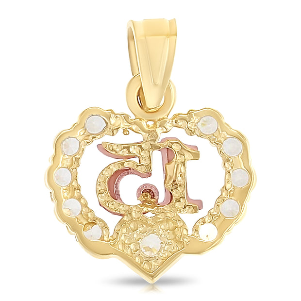 14K Gold Quinceanera Heart CZ Pendant with 1.6mm Figaro 3+1 Chain