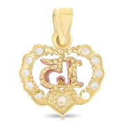 14K Gold Sweet 15 Years Quinceanera Heart CZ Charm Pendant with 0.8mm Box Chain Necklace