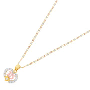 14K Gold Quinceanera Heart CZ Pendant with 1.5mm Valentino Chain