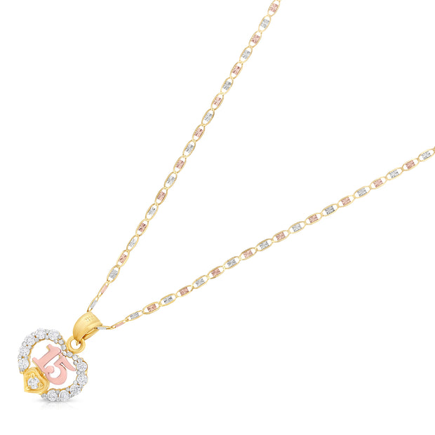 14K Gold Quinceanera Heart CZ Pendant with 1.5mm Valentino Chain