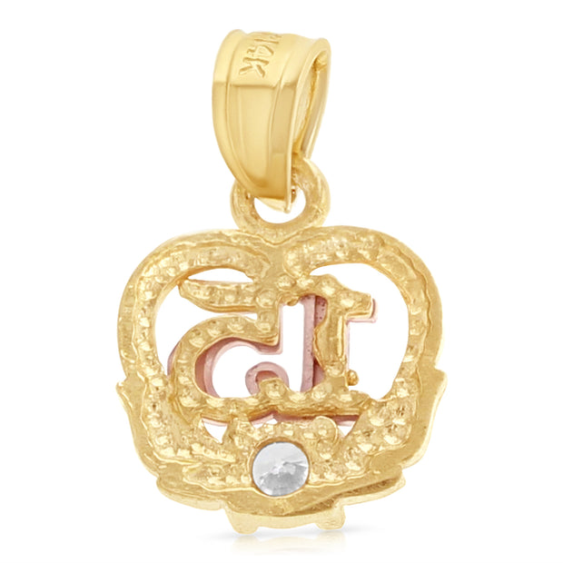 14K Gold Quinceanera Heart CZ Pendant with 2mm Hollow Cuban Bevel Chain