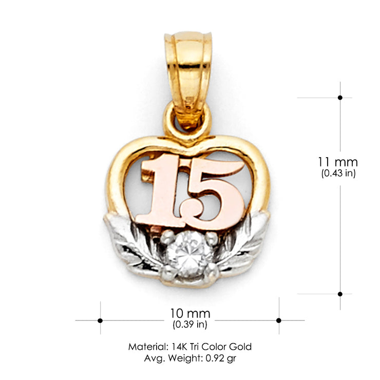 14K Gold 15 Years Birthday Quinceanera Heart CZ Charm Pendant