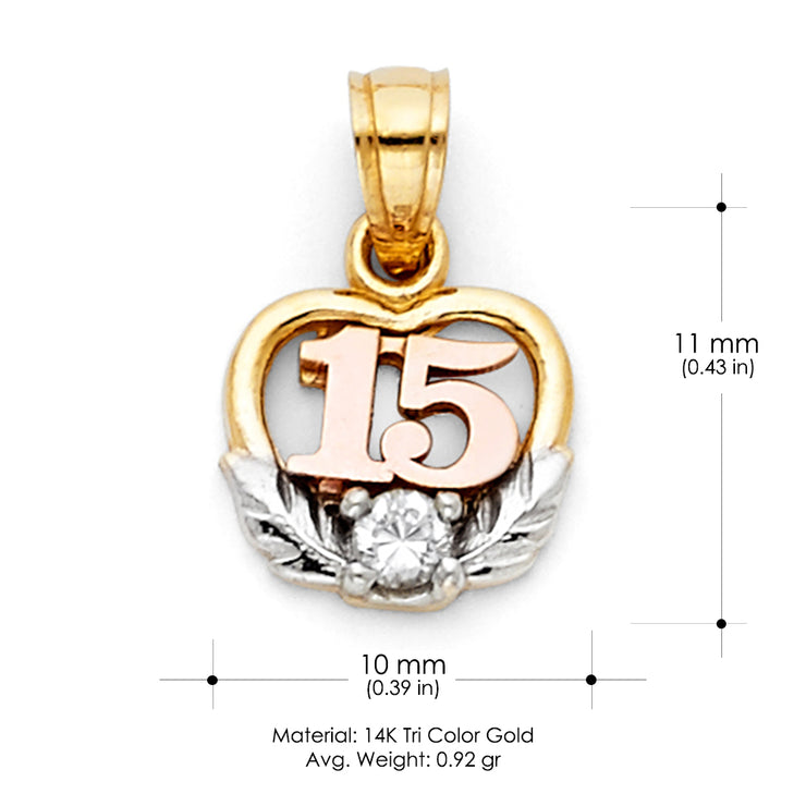 14K Gold Quinceanera Heart CZ Pendant with 2mm Hollow Cuban Bevel Chain