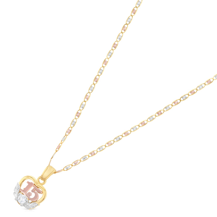 14K Gold Quinceanera Heart CZ Pendant with 1.5mm Valentino Chain