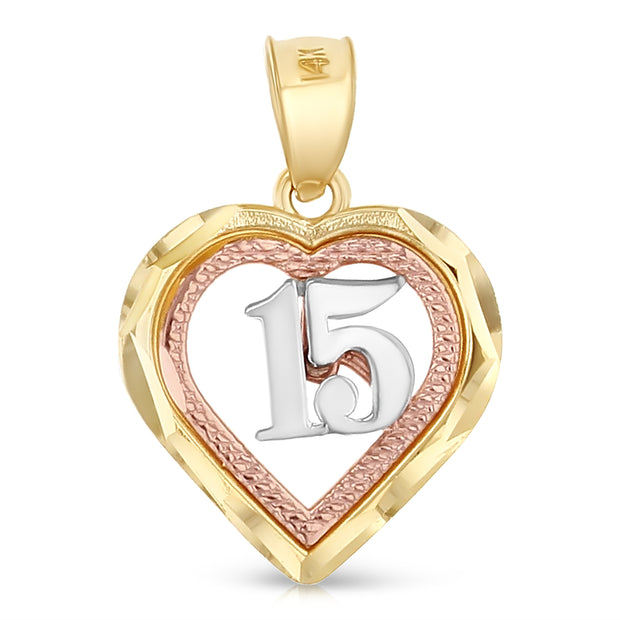14K Gold Quinceanera Heart Pendant with 2mm Hollow Cuban Bevel Chain
