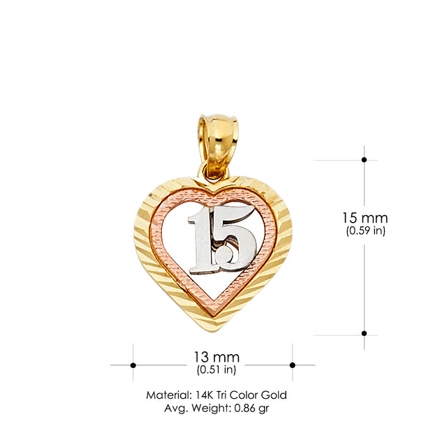 14K Gold Quinceanera Heart Pendant with 2mm Figaro 3+1 Chain