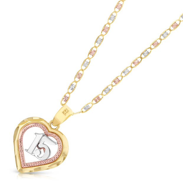 14K Gold Quinceanera Heart Pendant with 1.5mm Valentino Chain
