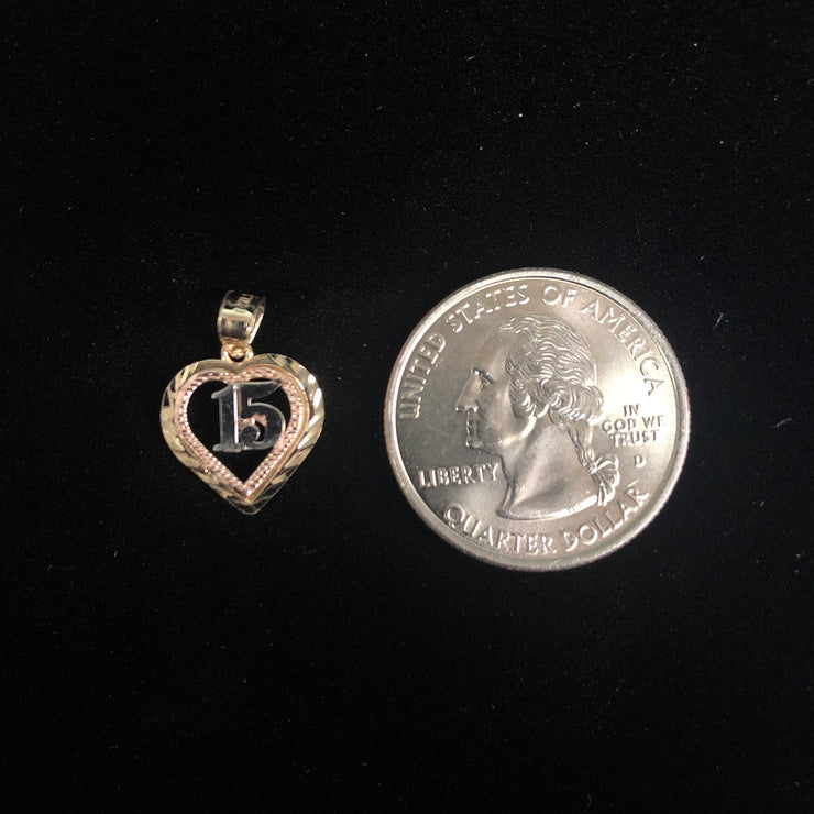 14K Gold 15 Years Birthday Quinceanera Heart Charm Pendant