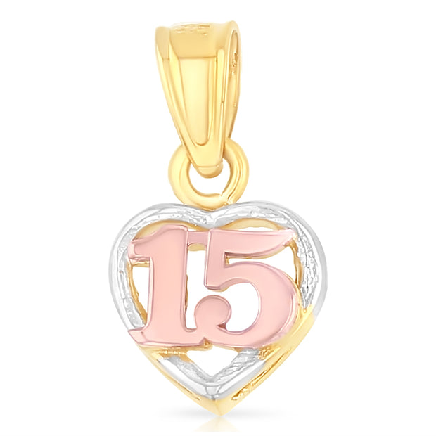 14K Gold Quinceanera Heart Pendant with 1.6mm Figaro 3+1 Chain