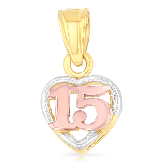 14K Gold Quinceanera Heart Pendant with 2mm Hollow Cuban Bevel Chain