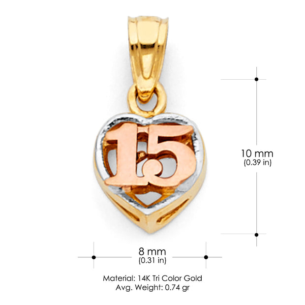 14K Gold Quinceanera Heart Pendant with 1.6mm Figaro 3+1 Chain